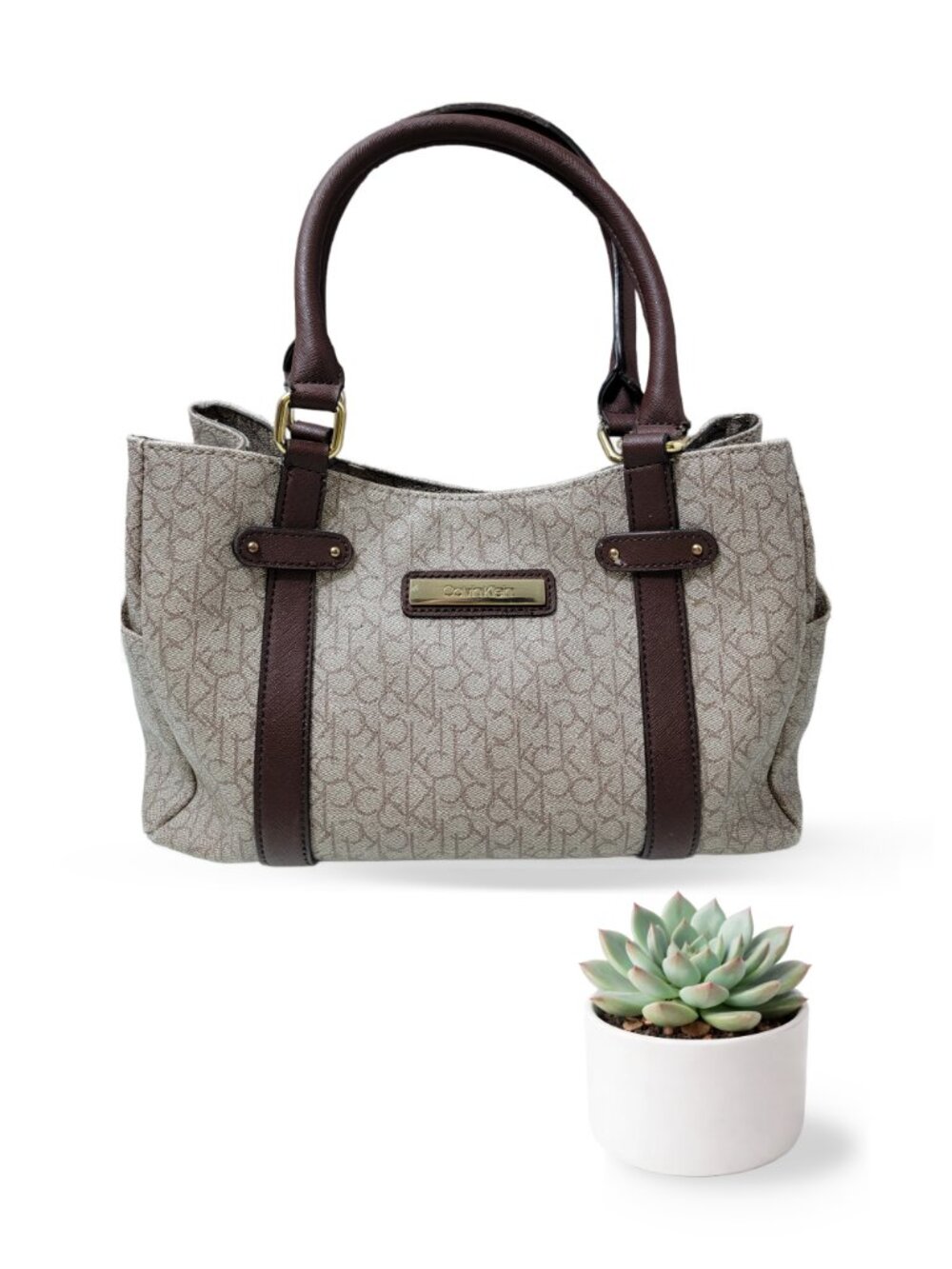 Calvin Klein Logo Jacquard Tote Bag • Brown • Gold Hardware